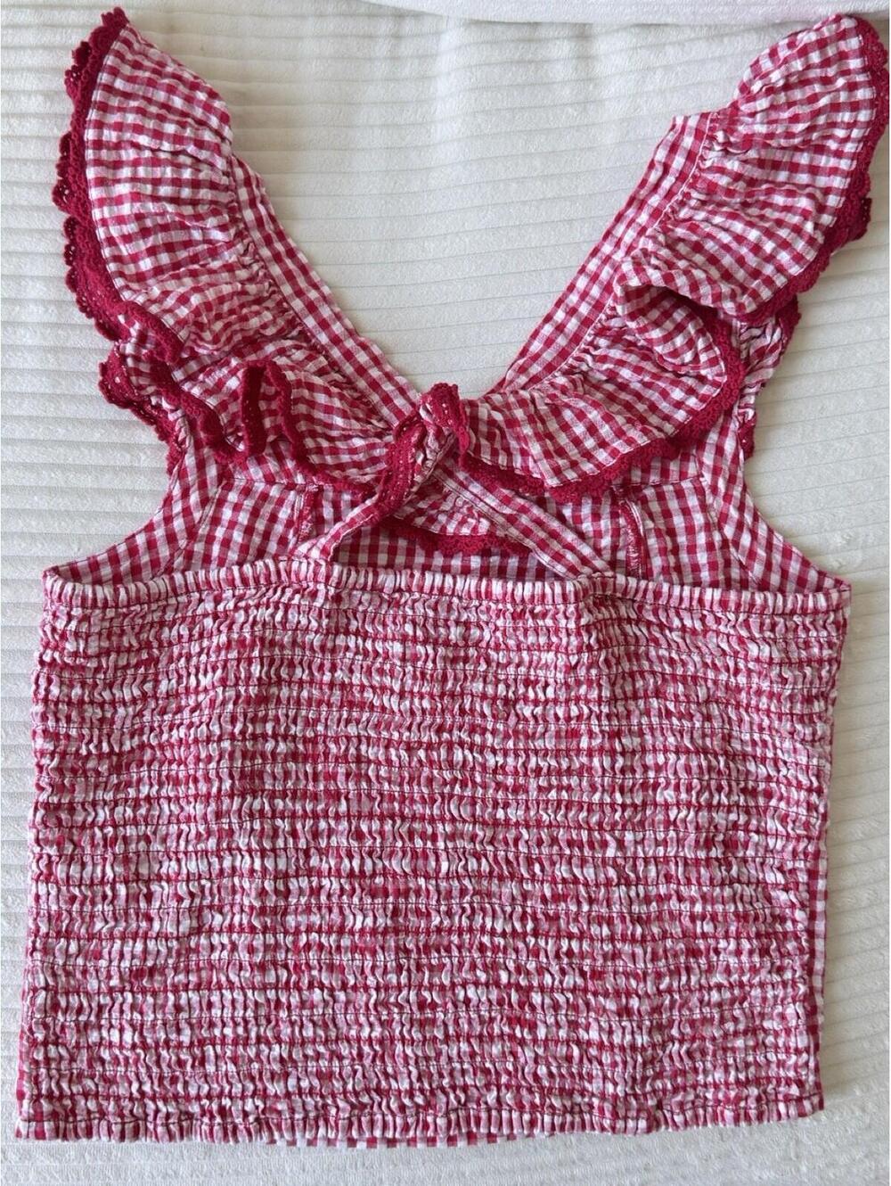 Broadway 38 Gingham Smocked Crop Top M Pink White Check Ruffle Strap Cottagecore - Picture 5 of 9